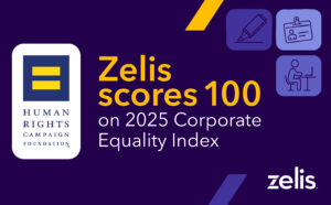 Human Rights Campaign Foundation logo. Text: Zelis Scores 100 on 2025 Corporate Equality Index